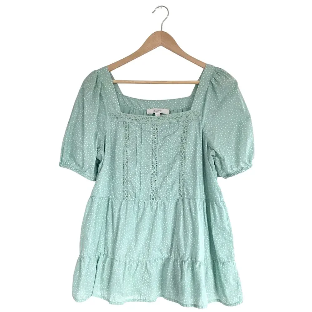 LOFT Mint Green Polka Dot Puff Sleeve Lace Trim Cotton Tiered Peplum Top Medium
